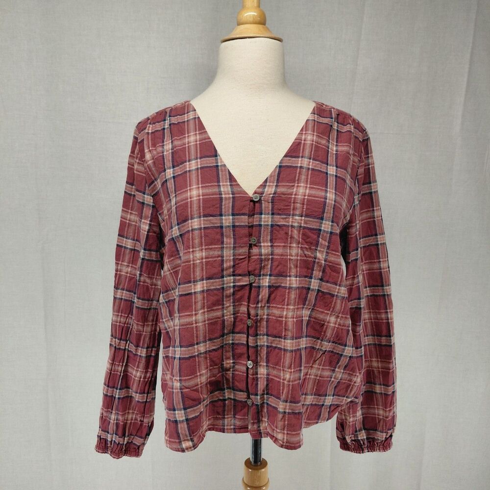 Madewell V-neck Button-up LS Red Plaid Blouse Sz L